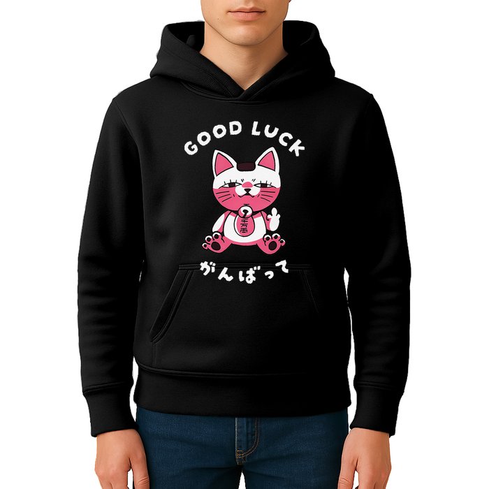 Funny Good Luck Japanese Cat Turbo Granny Yokai Cat Sarcasm Kids Hoodie