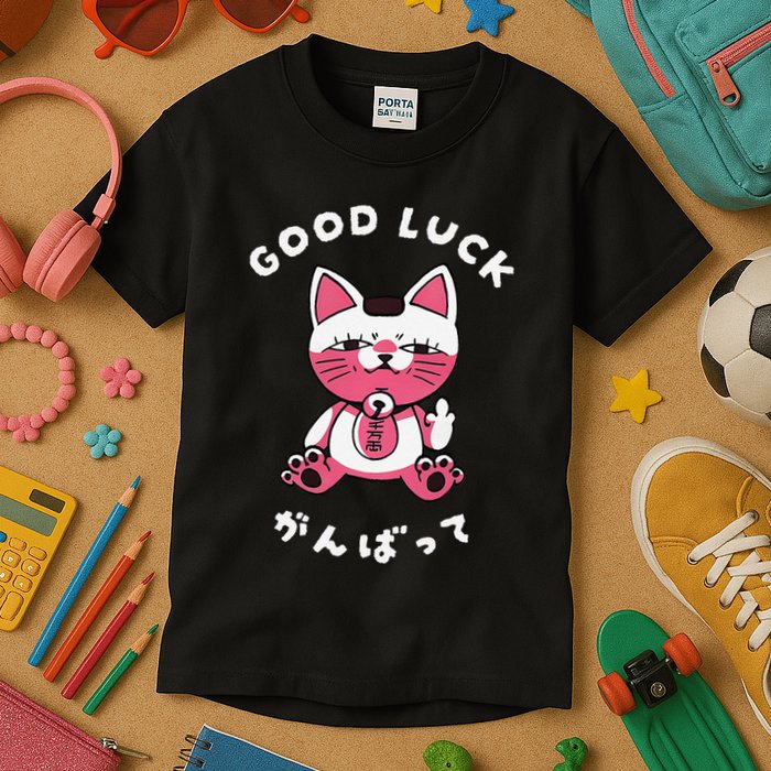 Funny Good Luck Japanese Cat Turbo Granny Yokai Cat Sarcasm Kids T-Shirt