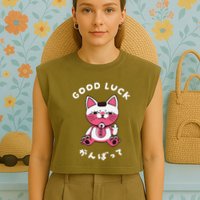 Funny Good Luck Japanese Cat Turbo Granny Yokai Cat Sarcasm Garment-Dyed Women's Muscle Tee