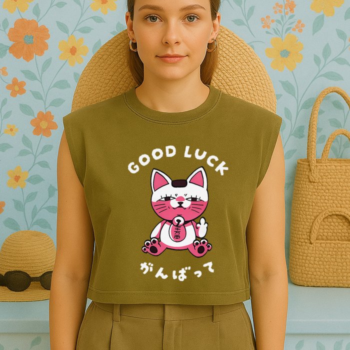Funny Good Luck Japanese Cat Turbo Granny Yokai Cat Sarcasm Garment-Dyed Women's Muscle Tee
