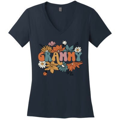 Floral Grammy Life Thankful Grammy Thanksgiving Mothers Day Women's V-Neck T-Shirt