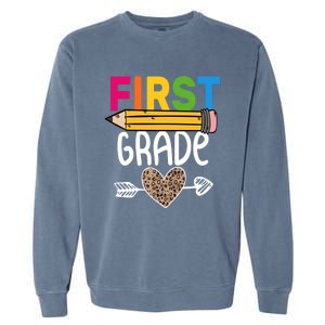 First Grade Leopard Pencil First Day School 1St Grade Crew Gift Garment-Dyed Sweatshirt