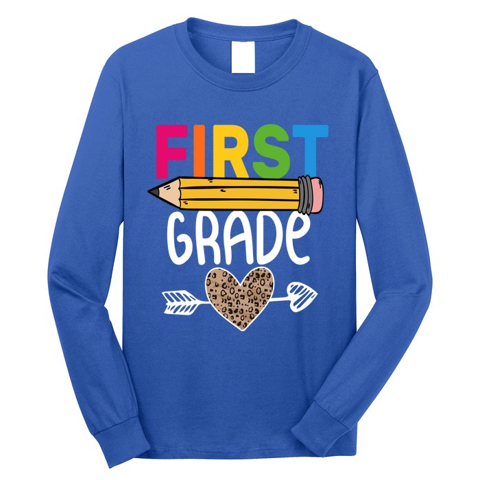 First Grade Leopard Pencil First Day School 1St Grade Crew Gift Long Sleeve Shirt