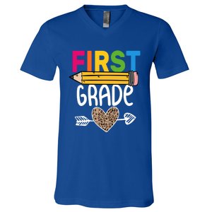 First Grade Leopard Pencil First Day School 1St Grade Crew Gift V-Neck T-Shirt