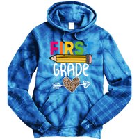 First Grade Leopard Pencil First Day School 1St Grade Crew Gift Tie Dye Hoodie