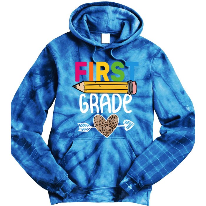 First Grade Leopard Pencil First Day School 1St Grade Crew Gift Tie Dye Hoodie