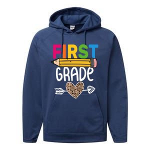 First Grade Leopard Pencil First Day School 1St Grade Crew Gift Performance Fleece Hoodie