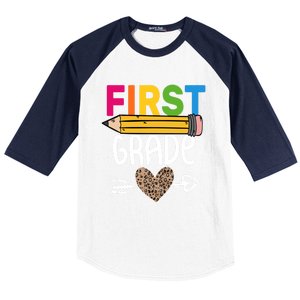 First Grade Leopard Pencil First Day School 1St Grade Crew Gift Baseball Sleeve Shirt