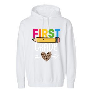 First Grade Leopard Pencil First Day School 1St Grade Crew Gift Garment-Dyed Fleece Hoodie