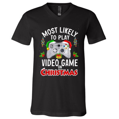 Funny Gamer Most Likely To Play Video Games On Christmas V-Neck T-Shirt