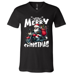 Funny Gift Merry Christmas Xmas Santa Motorcycle Biker V-Neck T-Shirt