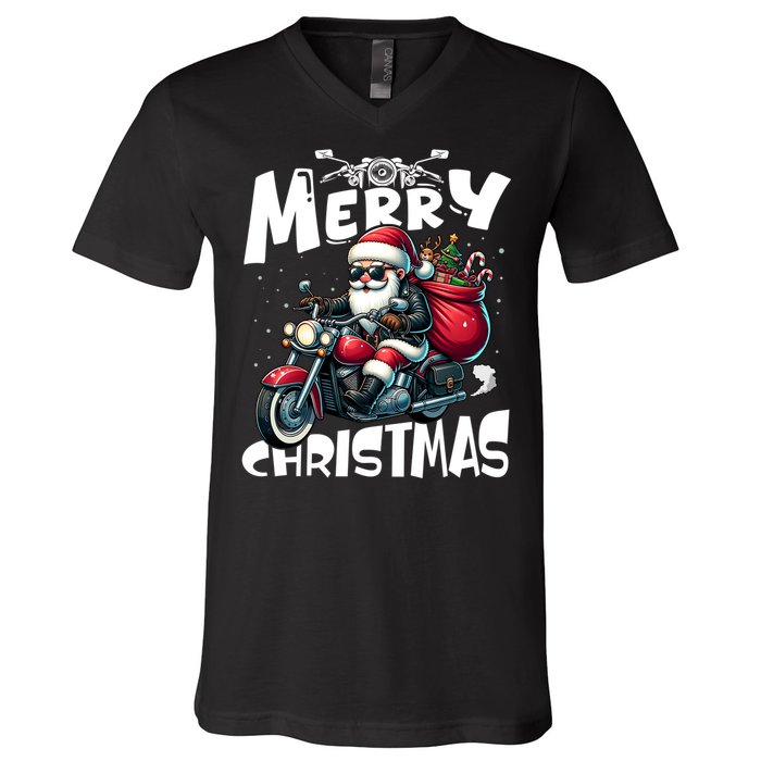 Funny Gift Merry Christmas Xmas Santa Motorcycle Biker V-Neck T-Shirt