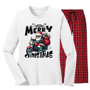 Funny Gift Merry Christmas Xmas Santa Motorcycle Biker Women's Long Sleeve Flannel Pajama Set 