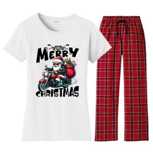 Funny Gift Merry Christmas Xmas Santa Motorcycle Biker Women's Flannel Pajama Set