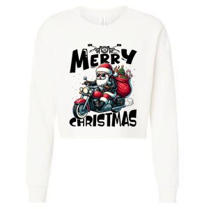 Funny Gift Merry Christmas Xmas Santa Motorcycle Biker Cropped Pullover Crew