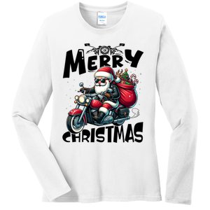 Funny Gift Merry Christmas Xmas Santa Motorcycle Biker Ladies Long Sleeve Shirt