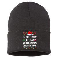 Funny Gamer Most Likely To Play Video Games On Christmas Sustainable Knit Beanie