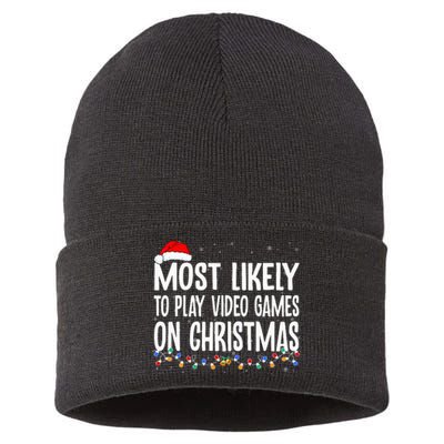 Funny Gamer Most Likely To Play Video Games On Christmas  Sustainable Knit Beanie