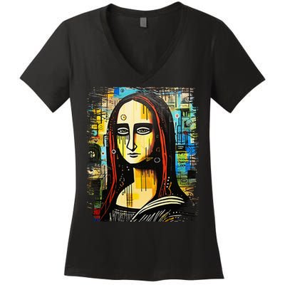 Funny Gothic Mona Lisa 90s Pop Art Graffiti Style Aesthetic Women's V-Neck T-Shirt