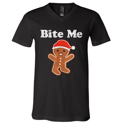 Funny Gingerbread Man Bite Me Christmas Cookie Costume V-Neck T-Shirt