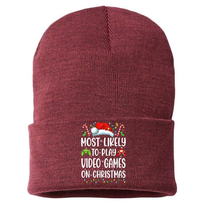 Funny Gamer Most Likely To Play Video Games On Christmas Sustainable Knit Beanie