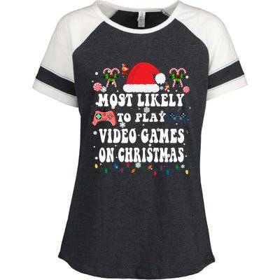 Funny Gamer Most Likely To Play Video Games On Christmas Great Gift Enza Ladies Jersey Colorblock Tee