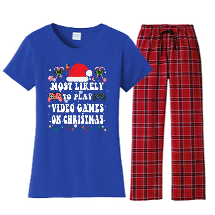 Funny Gamer Most Likely To Play Video Games On Christmas Great Gift Women's Flannel Pajama Set