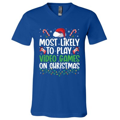 Funny Gamer Most Likely To Play Video Games On Christmas Cute Gift V-Neck T-Shirt