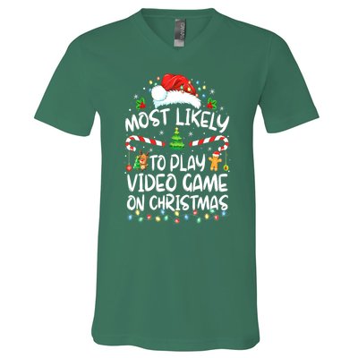 Funny Gamer Most Likely To Play Video Games On Christmas Gift V-Neck T-Shirt