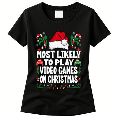 Funny Gamer Most Likely To Play Video Games On Christmas Womens T-Shirt