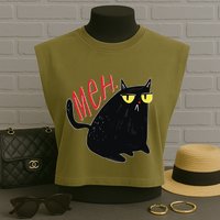 Funny Grumpy Meh Cat Garment-Dyed Women's Muscle Tee