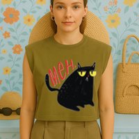 Funny Grumpy Meh Cat Garment-Dyed Women's Muscle Tee