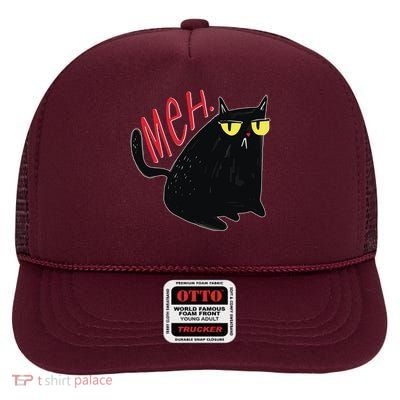 Funny Grumpy Meh Cat High Crown Mesh Back Trucker Hat