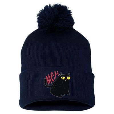 Funny Grumpy Meh Cat Pom Pom 12in Knit Beanie