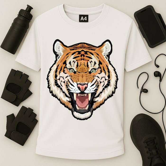 Funny Growling Mouth Open Bengal Tiger Cooling Performance Crew T-Shirt