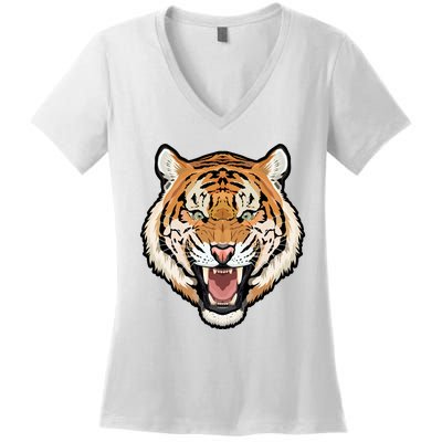 Funny Growling Mouth Open Bengal Tiger Women's V-Neck T-Shirt