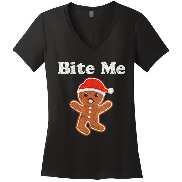 Funny Gingerbread Man Bite Me Christmas Cookie Costume Women's V-Neck T-Shirt