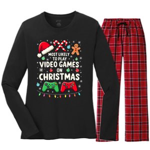 Funny Gamer Most Likely To Play Video Games Christmas Women's Long Sleeve Flannel Pajama Set 