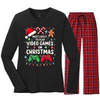 Funny Gamer Most Likely To Play Video Games Christmas Women's Long Sleeve Flannel Pajama Set 