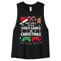 Funny Gamer Most Likely To Play Video Games Christmas Women's Racerback Cropped Tank