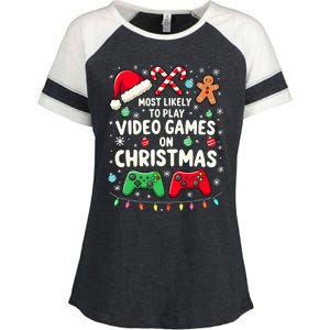 Funny Gamer Most Likely To Play Video Games Christmas Enza Ladies Jersey Colorblock Tee