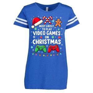 Funny Gamer Most Likely To Play Video Games Christmas Enza Ladies Jersey Football T-Shirt