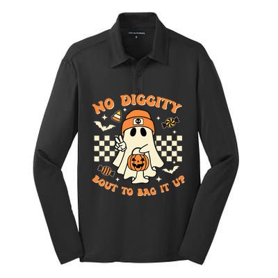 Funny Ghost No Diggity Bout To Bag It Up Spooky Halloween Silk Touch Performance Long Sleeve Polo