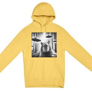 Funny Graphic Novelty Capybara Selfie With Ufo Weird Silly Premium Pullover Hoodie