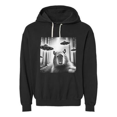 Funny Graphic Novelty Capybara Selfie With Ufo Weird Silly Garment-Dyed Fleece Hoodie