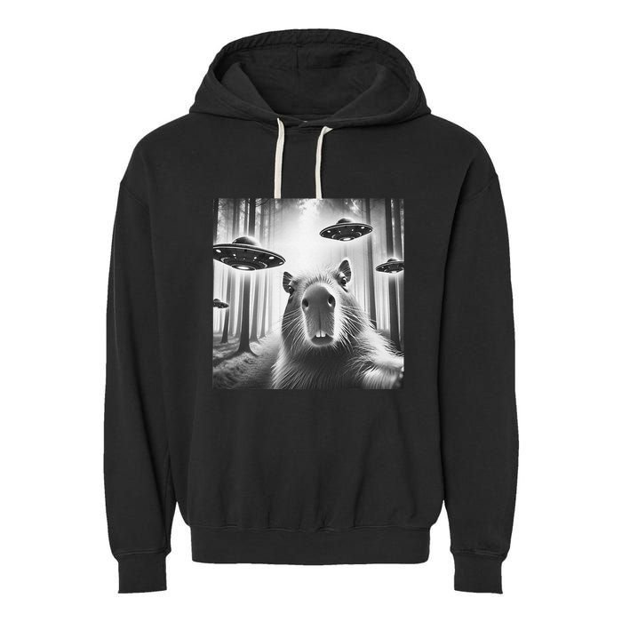 Funny Graphic Novelty Capybara Selfie With Ufo Weird Silly Garment-Dyed Fleece Hoodie