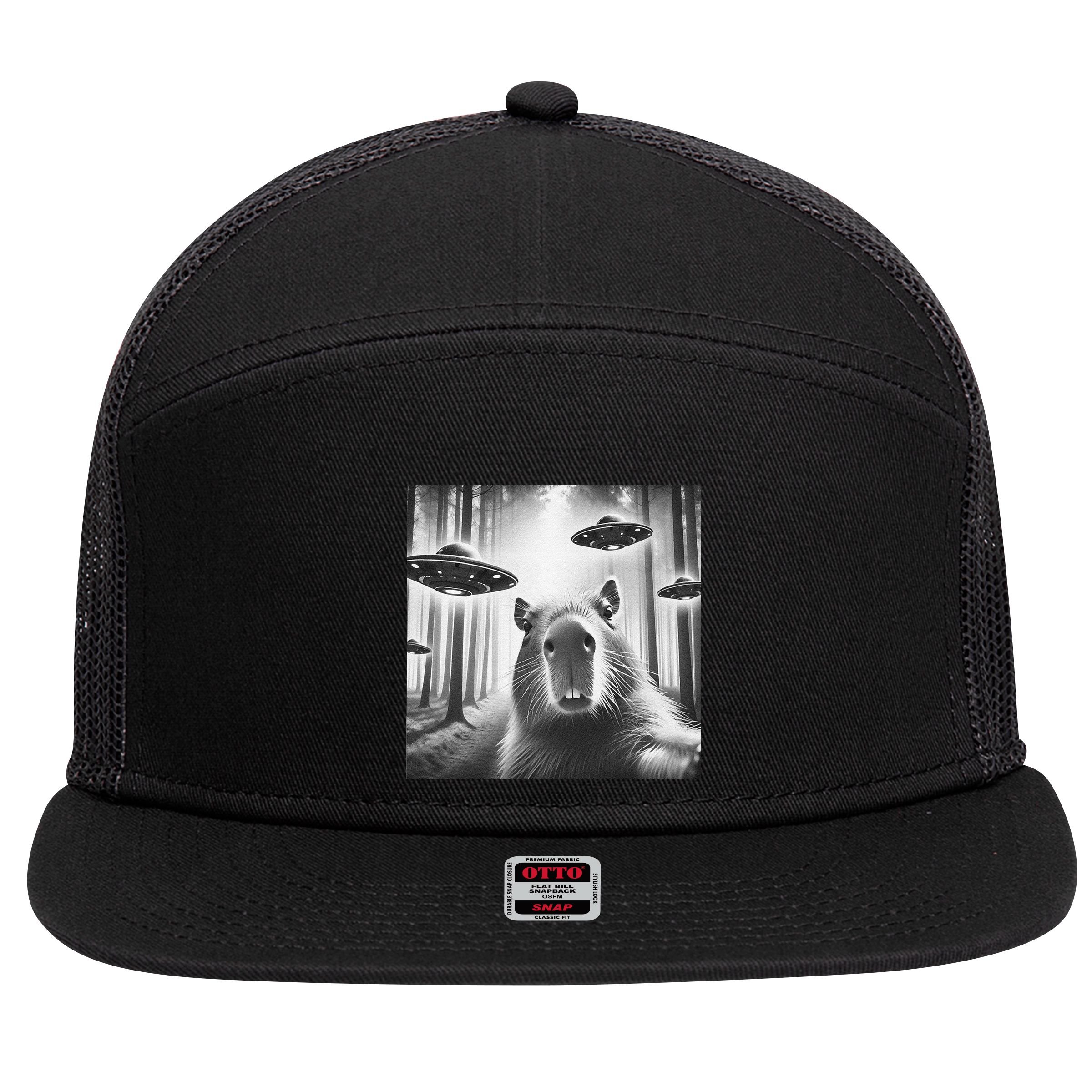 Funny Graphic Novelty Capybara Selfie With Ufo Weird Silly 7 Panel Mesh Trucker Snapback Hat
