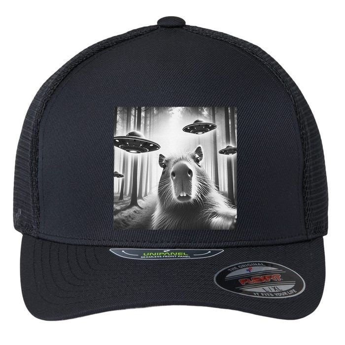 Funny Graphic Novelty Capybara Selfie With Ufo Weird Silly Flexfit Unipanel Trucker Cap