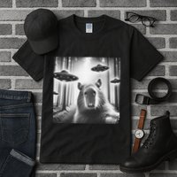 Funny Graphic Novelty Capybara Selfie With Ufo Weird Silly Tall T-Shirt