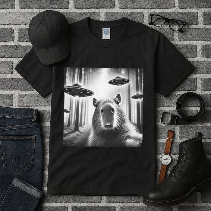 Funny Graphic Novelty Capybara Selfie With Ufo Weird Silly Tall T-Shirt